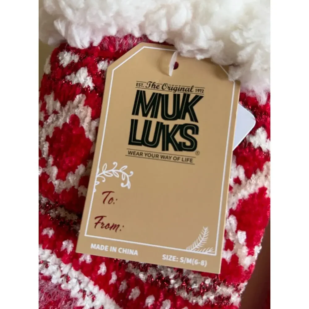 NWT Muk Lucks Women's 2 Pair Pack Chenille Cabin Socks (Red/White)- S/M